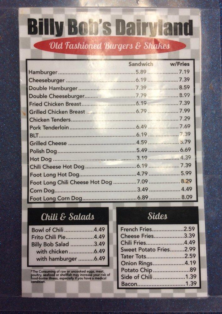 Menu at Billy Bob's Dairy Land restaurant, Branson, W 76 Country Blvd