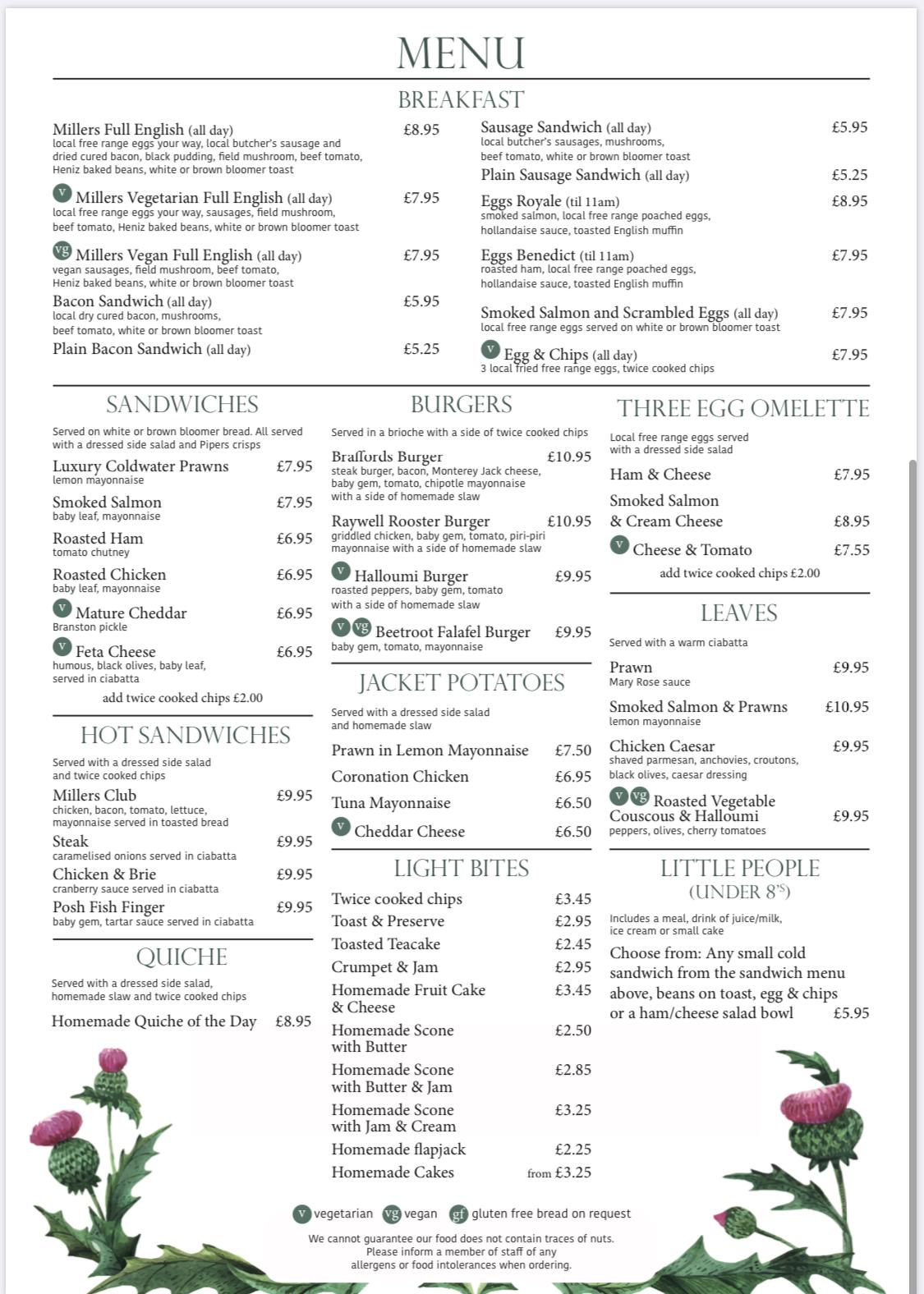 Menu at Miller's Tearoom Hollicarrs restaurant, Riccall