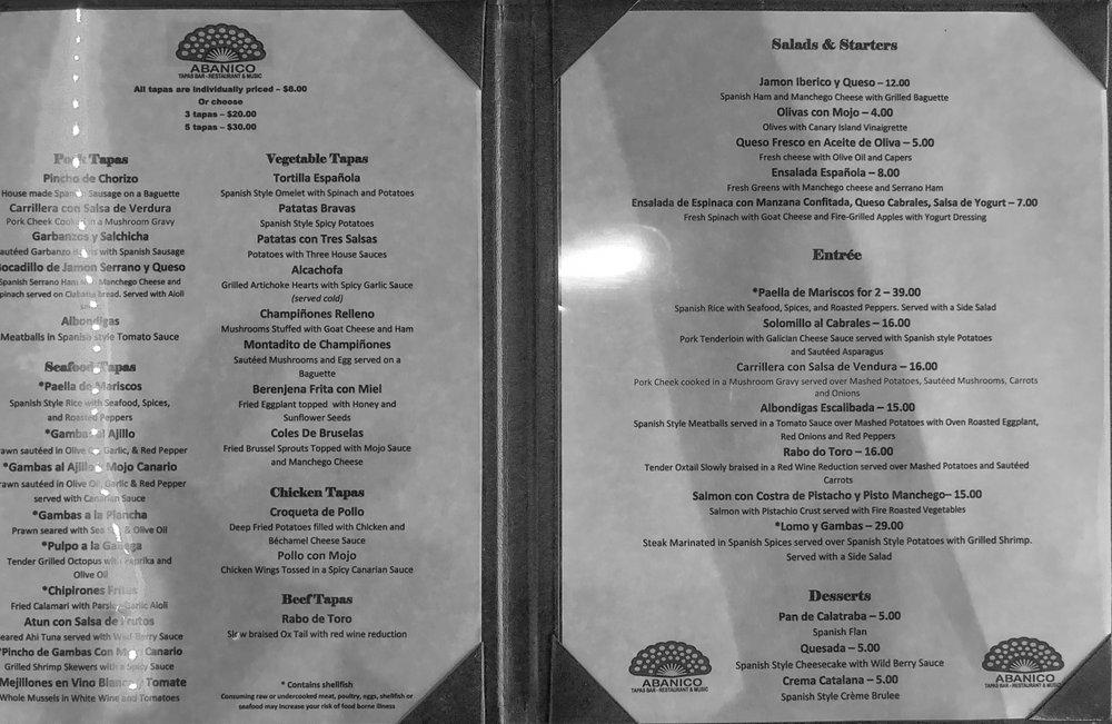 Menu at Abanico Tapas Bar, Restaurant & Music, Greenville