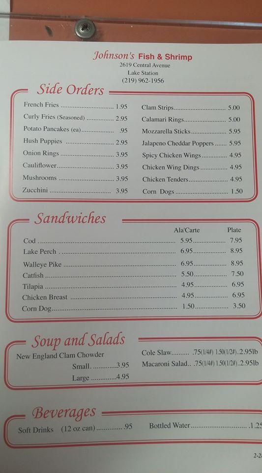 Menu at Johnson's Fish & Shrimp restaurant, Lake Station