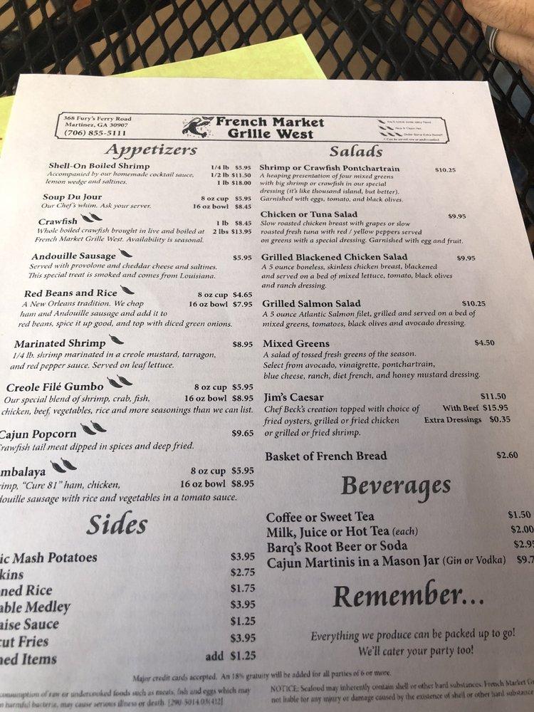 Menu at French Market Grille West restaurant, Martinez