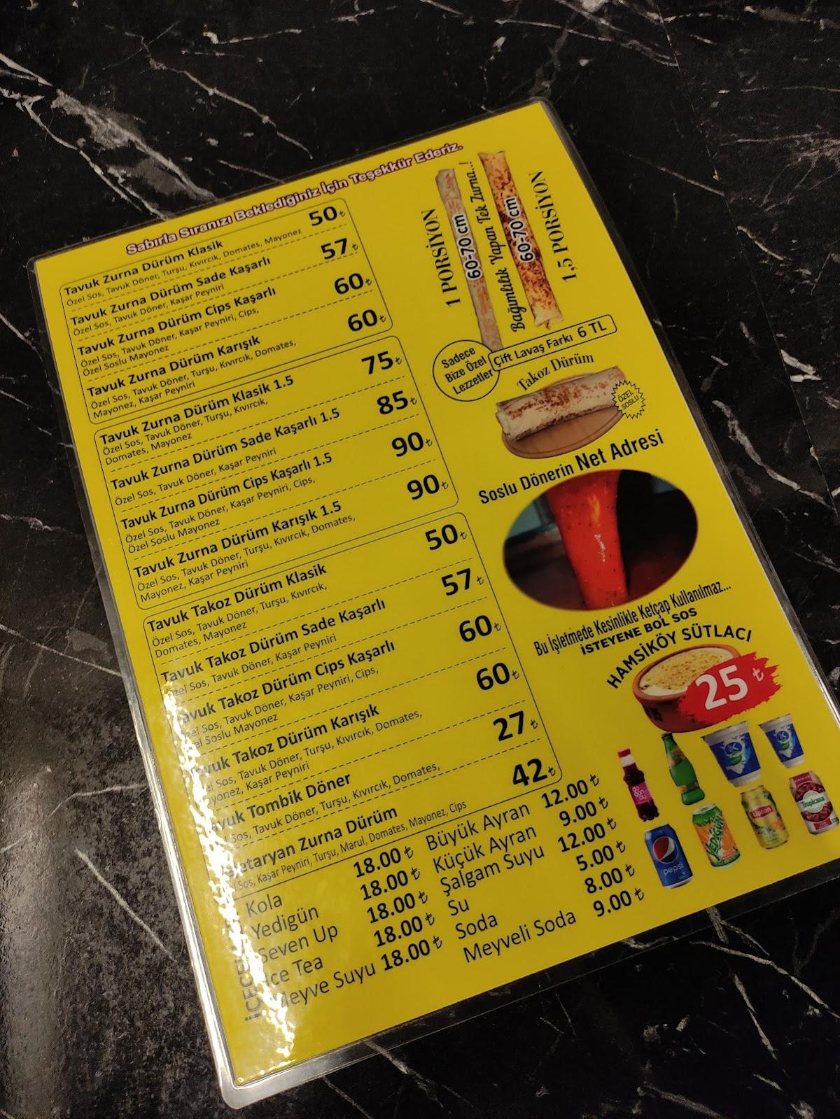 Menu at Zurna Kadıköy, Istanbul