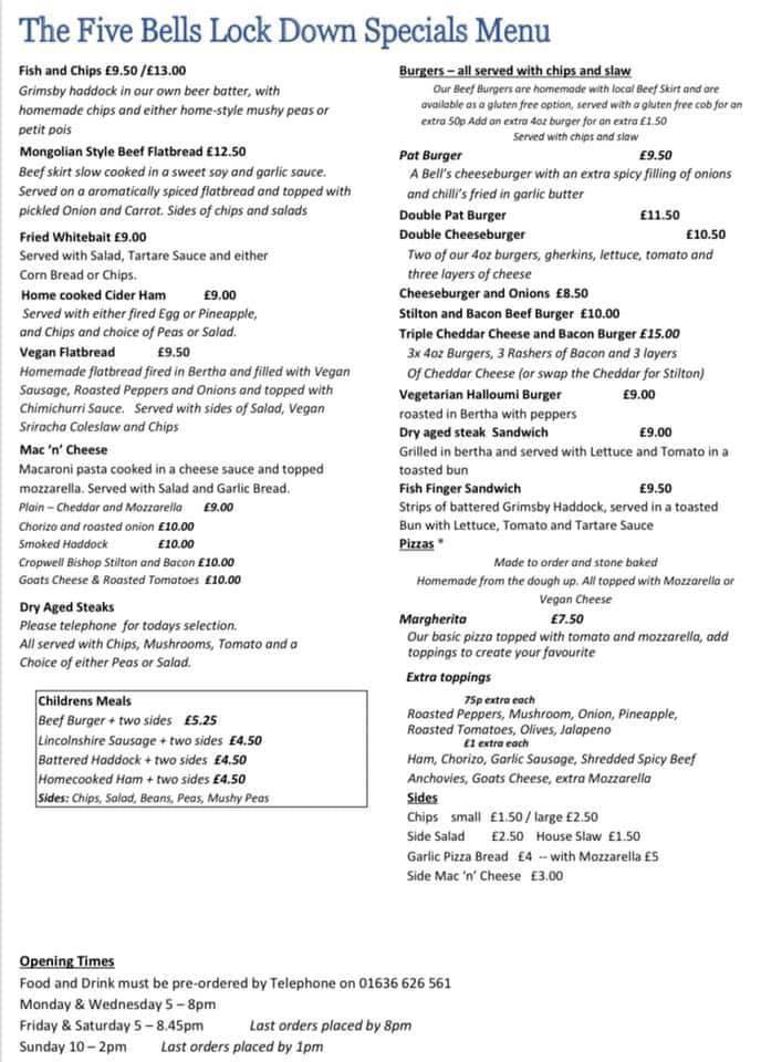 Menu at Five Bells Inn Claypole pub & bar, Claypole