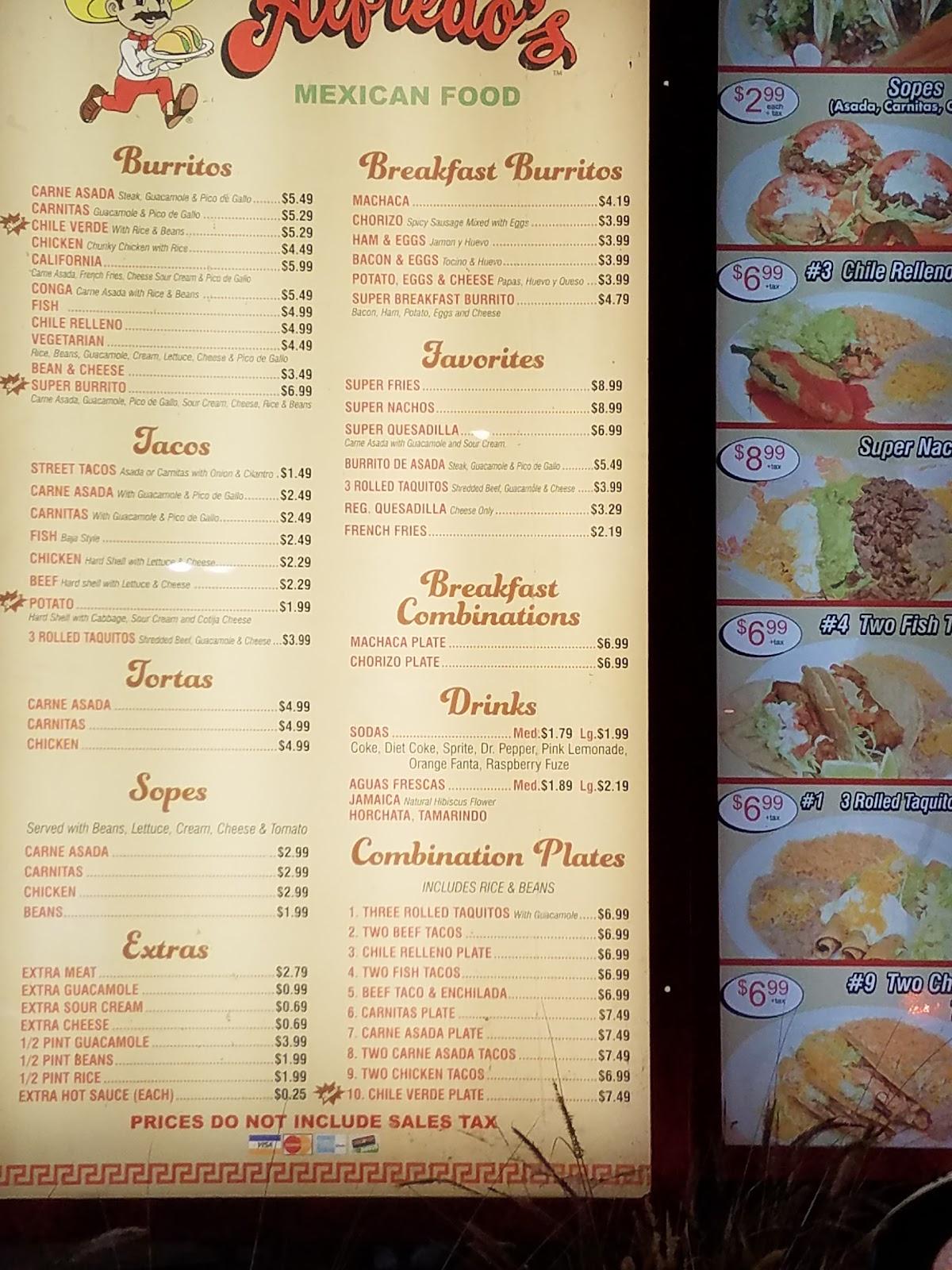 Menu at Alfredo's Mexican Food restaurant, Bell Gardens, Eastern Ave
