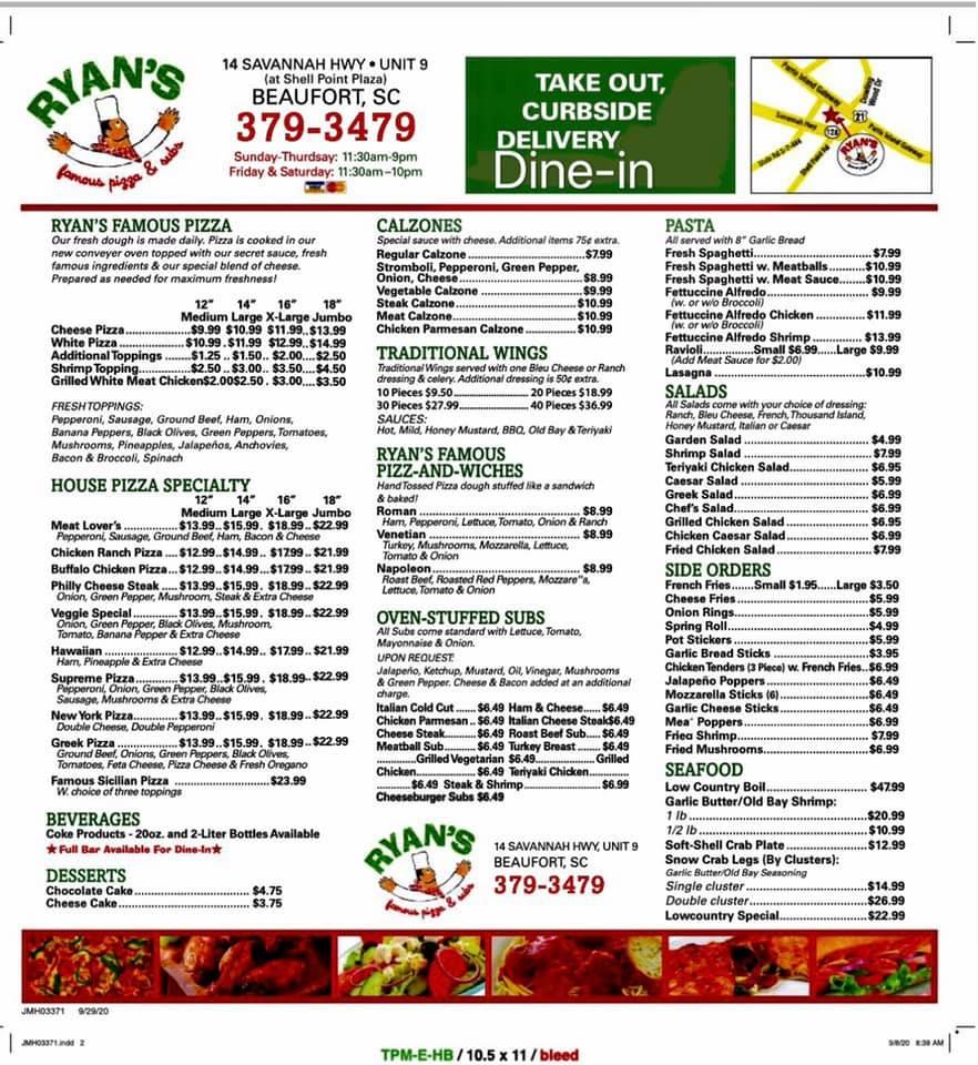 Menu At Ryan S Famous Pizza Subs Pizzeria Beaufort