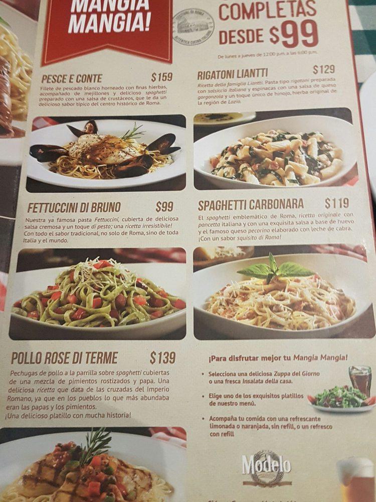 Menu at Italianni's restaurant, Puebla City, Arroyo Xonaca 1006