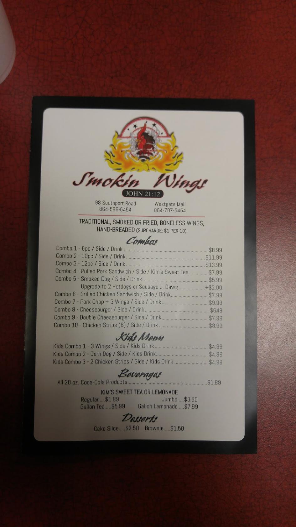 Menu at Smokin Wings restaurant, Spartanburg, E Blackstock Rd