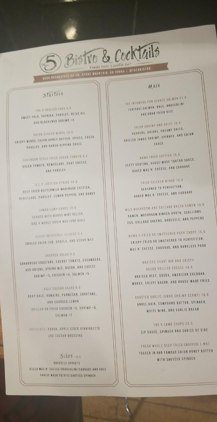 Menu at The 5 Bistro & Cocktails restaurant, Stone Mountain