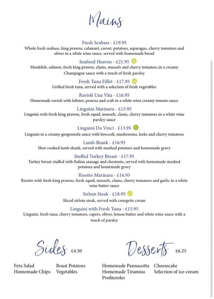 Menu at Una Vita restaurant, Chepstow