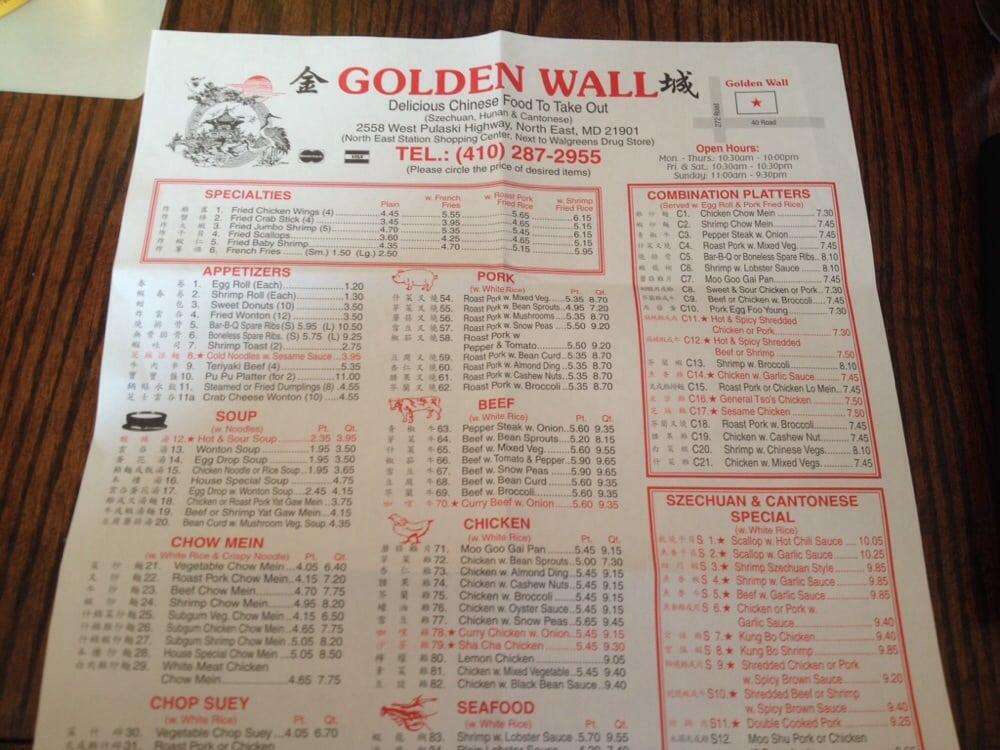 Menu at Golden Wall restaurant, North East