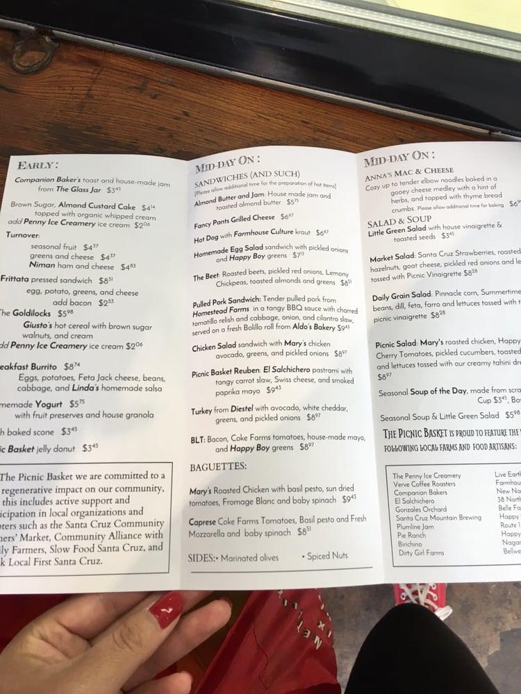 Menu at The Picnic Basket cafe, Santa Cruz