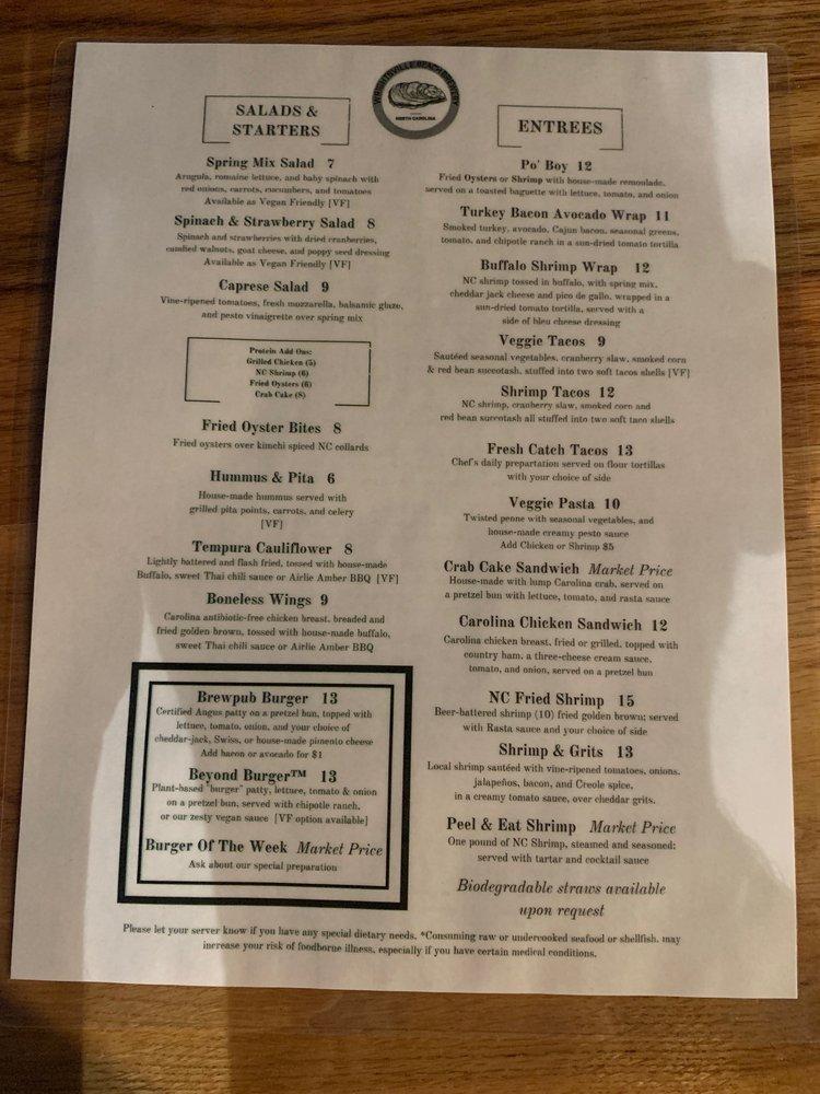 Menu at Wrightsville Beach Brewery pizzeria, Wilmington