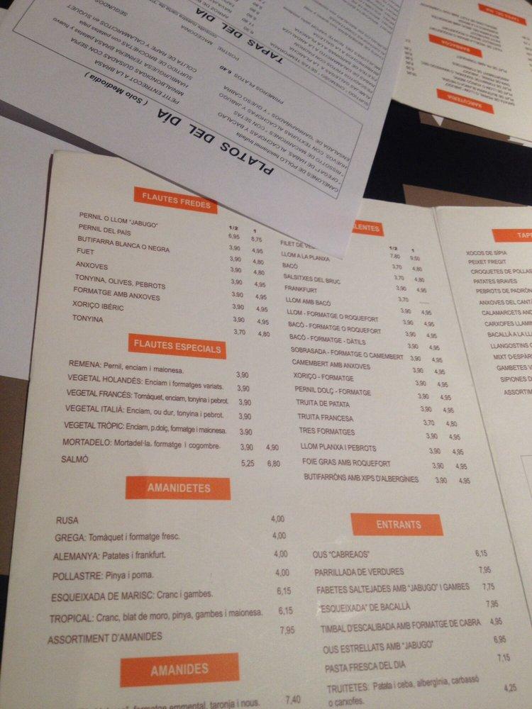 Menu at La Flauta Aribau restaurant, Barcelona, Carrer d'Aribau