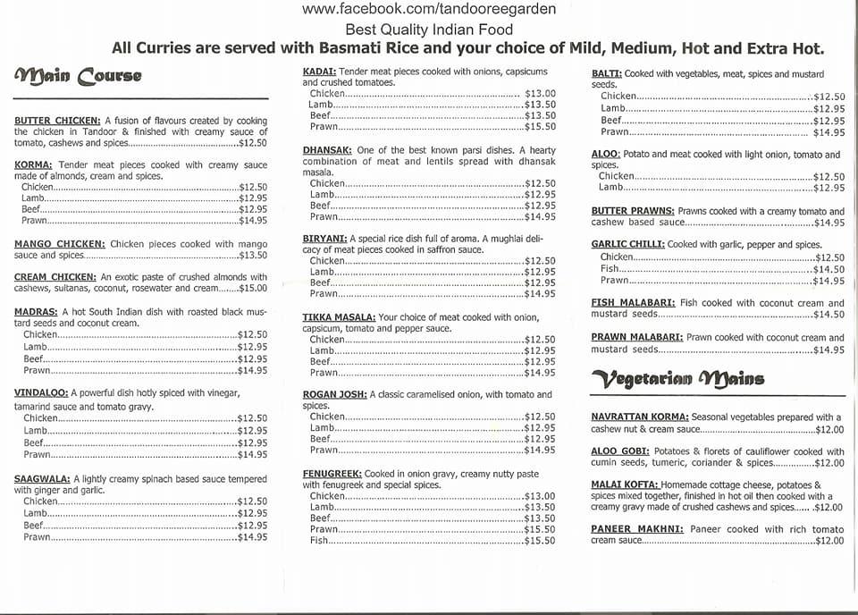Menu at Tandooree Garden restaurant, Dunedin