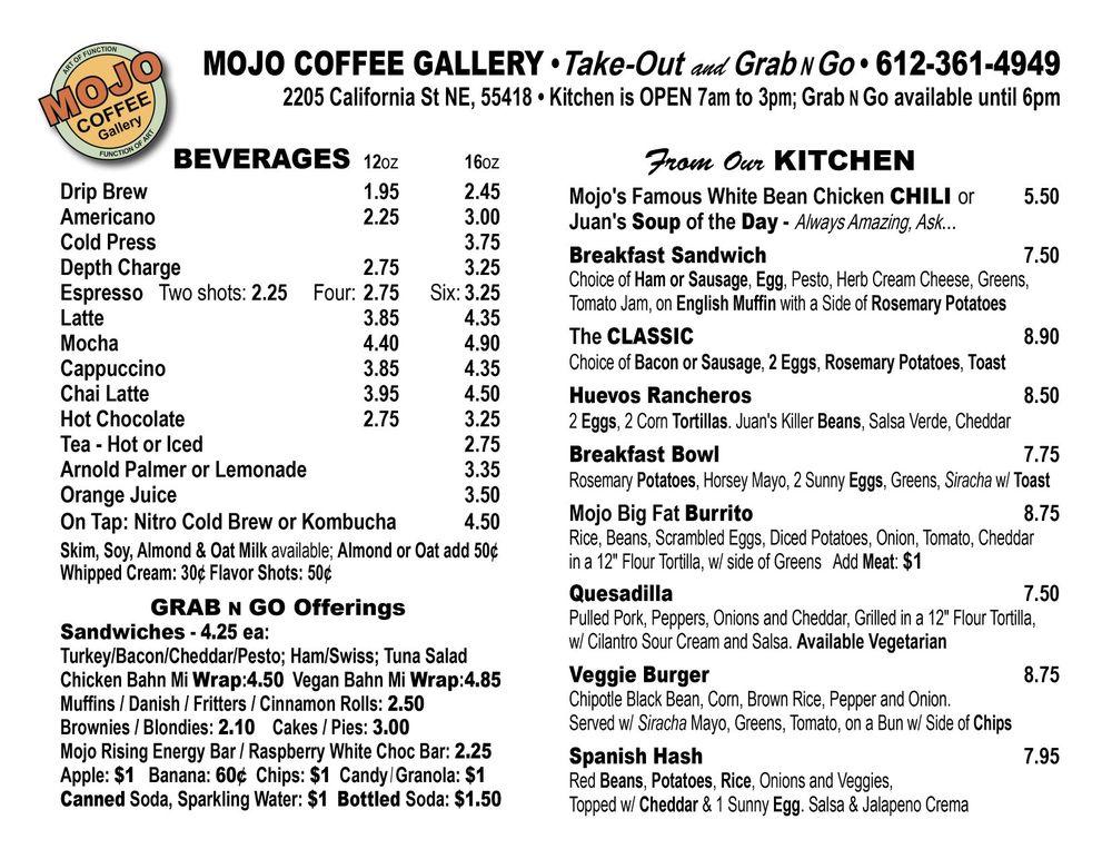 Carta del café Mojo Coffee Gallery Minneapolis