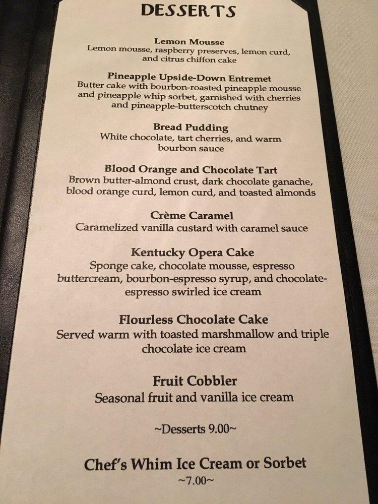 Menu at Jack Fry's restaurant, Louisville