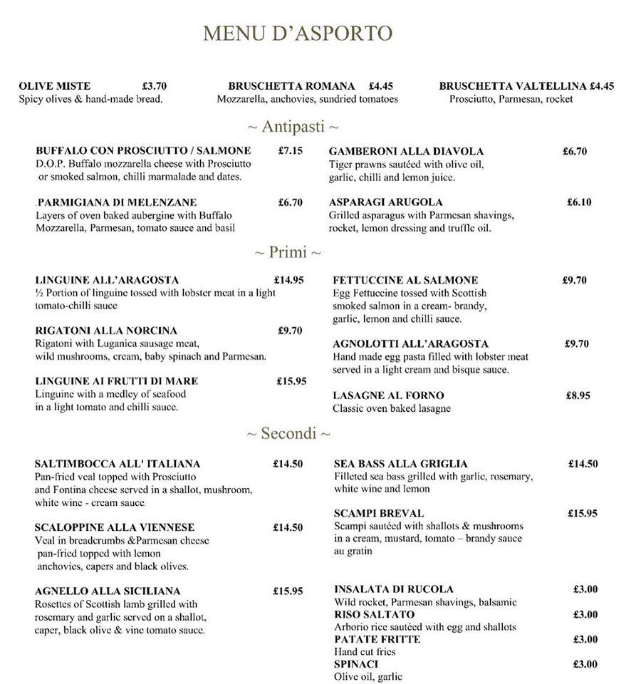 Menu at La Bruschetta restaurant, Edinburgh