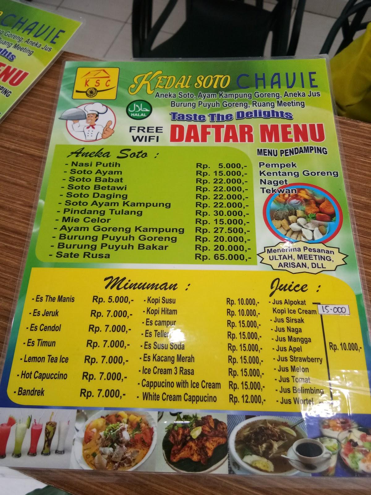 Menu at Kedai Soto Chavie restaurant, Indonesia