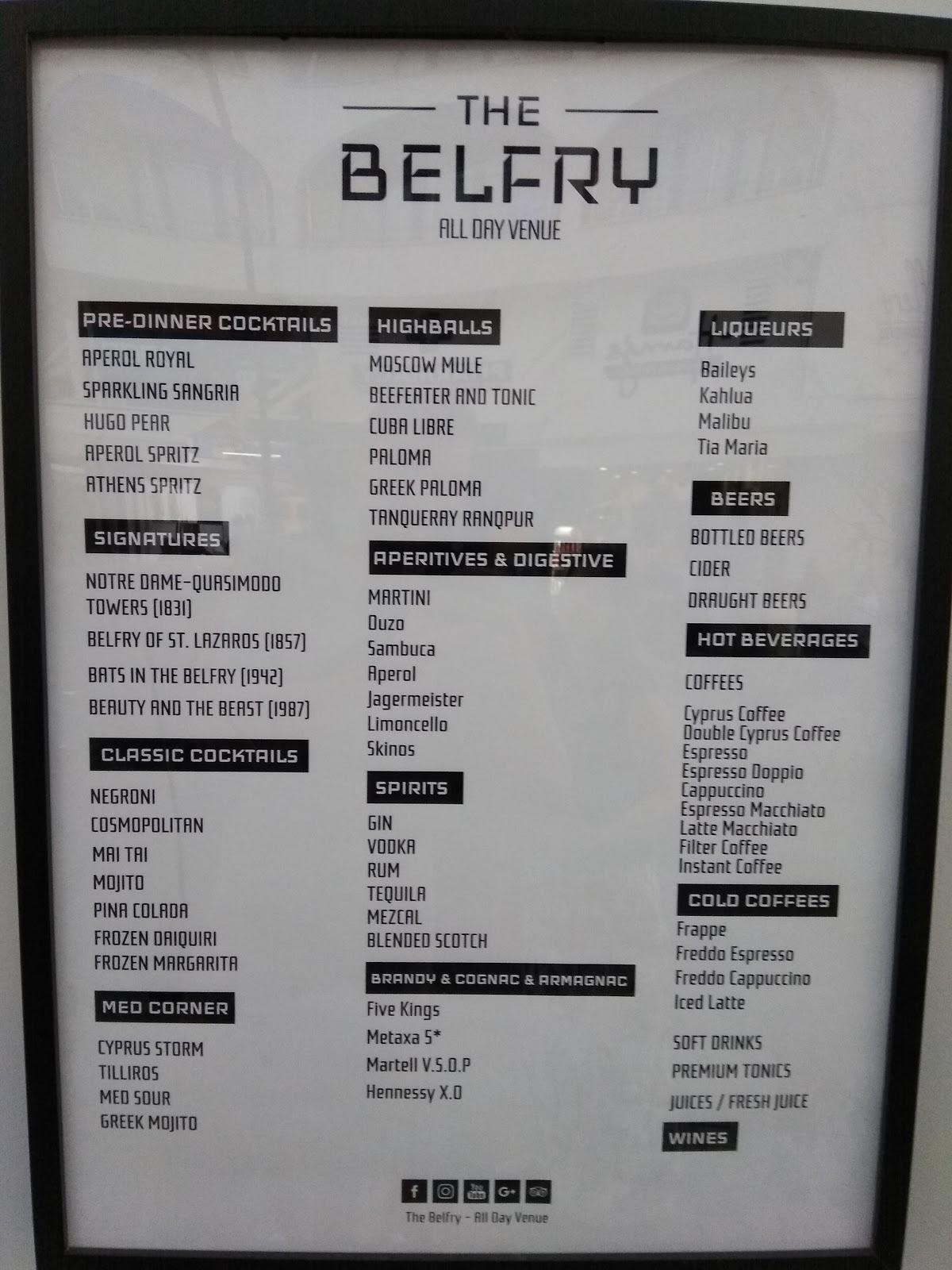 Menu at The Belfry bar and restaurant, Larnaca