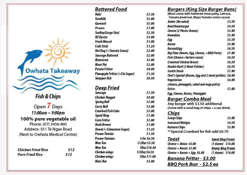 Menu at Owhata Takeaways Fish n Chips restaurant, Rotorua