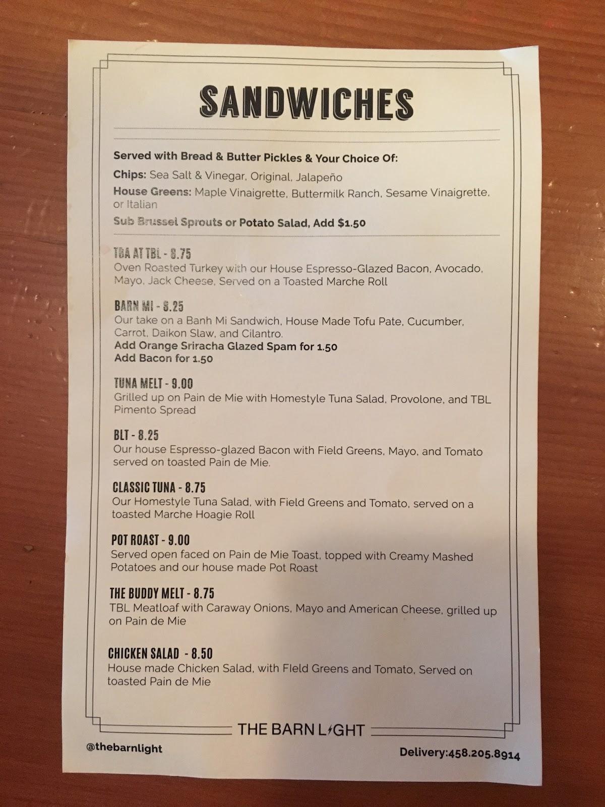 Menu at The Barn Light Bar, Eugene