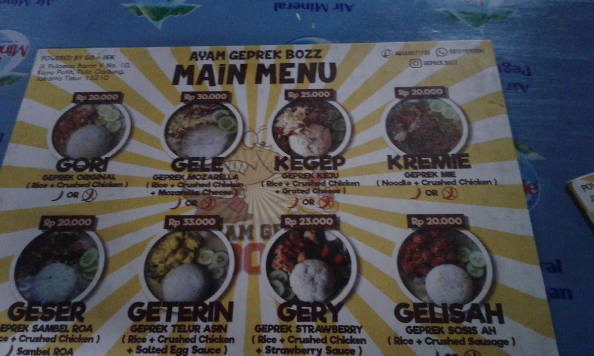 Menu at Ayam Geprek BOZZ restaurant, East Jakarta