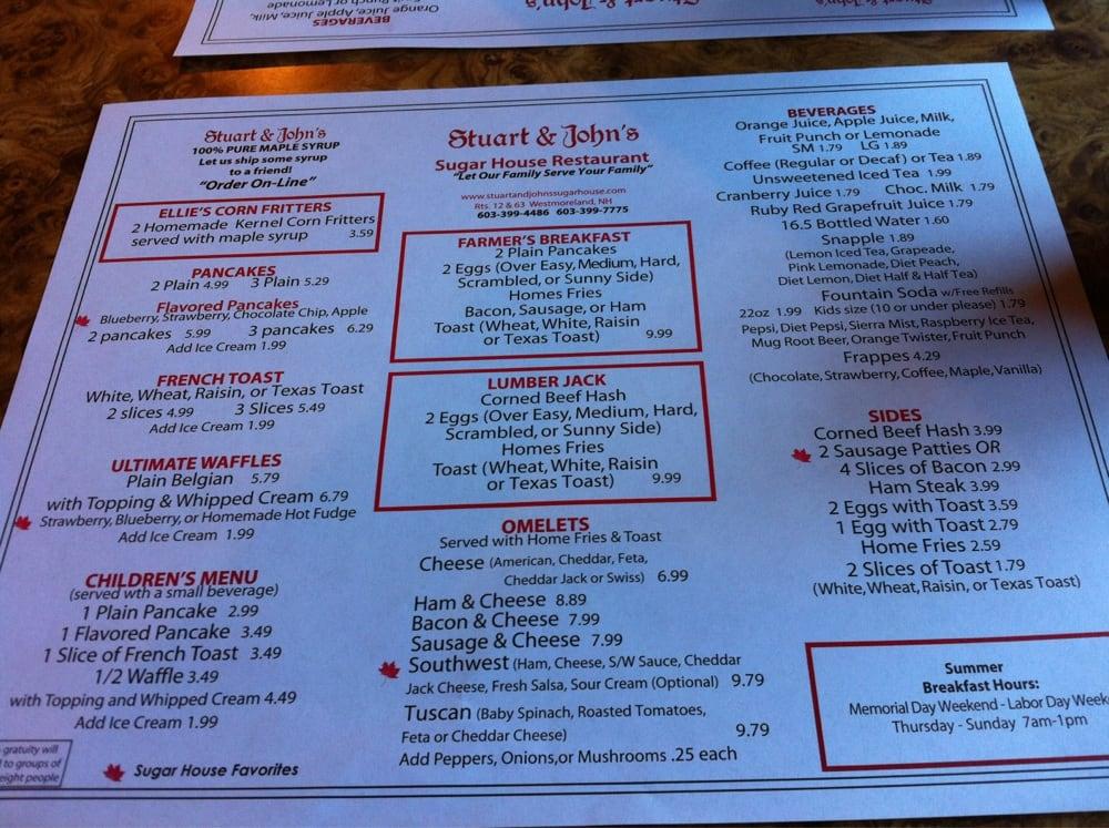 Menu at Stuart & John's Sugar House restaurant, Westmoreland