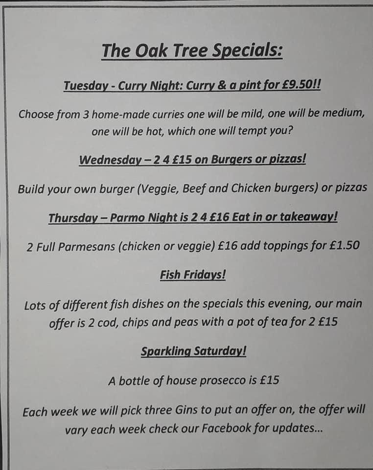 Carta del pub y bar The Oak Tree, Middleton Saint George