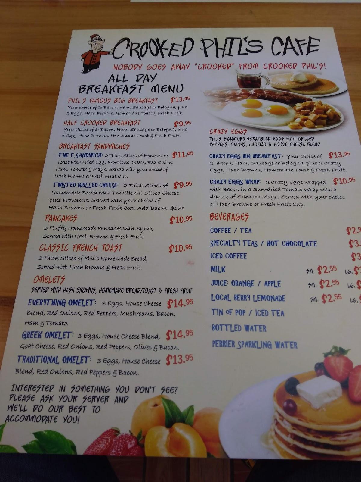 Menu at Crooked Phil's Cafe, Carbonear