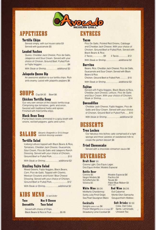 Menu at Avocado Mexican Grill restaurant, Celebration