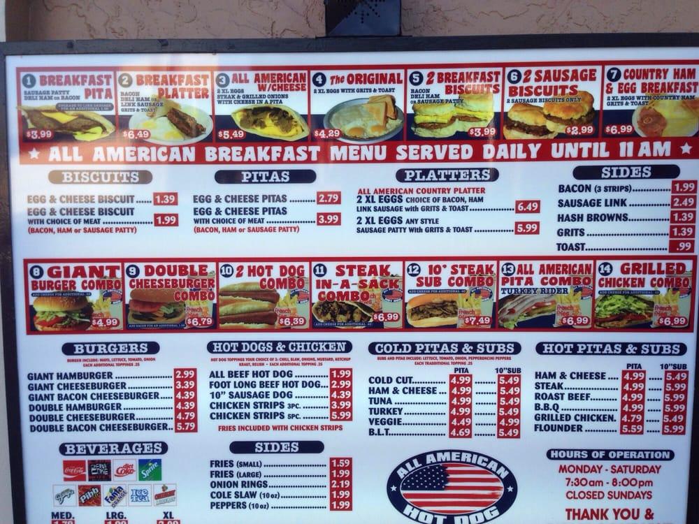 Menu at All American Hot Dog & Sandwiches restaurant, Jacksonville