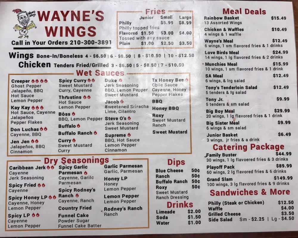 Menu at Wayne's Wings restaurant, San Antonio, Walzem Rd