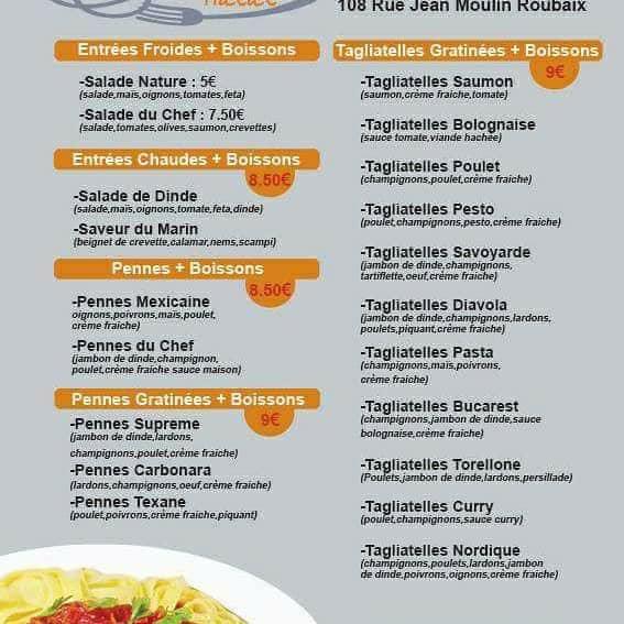 Menu au Bella Pasta Grill Pate restaurant, Roubaix