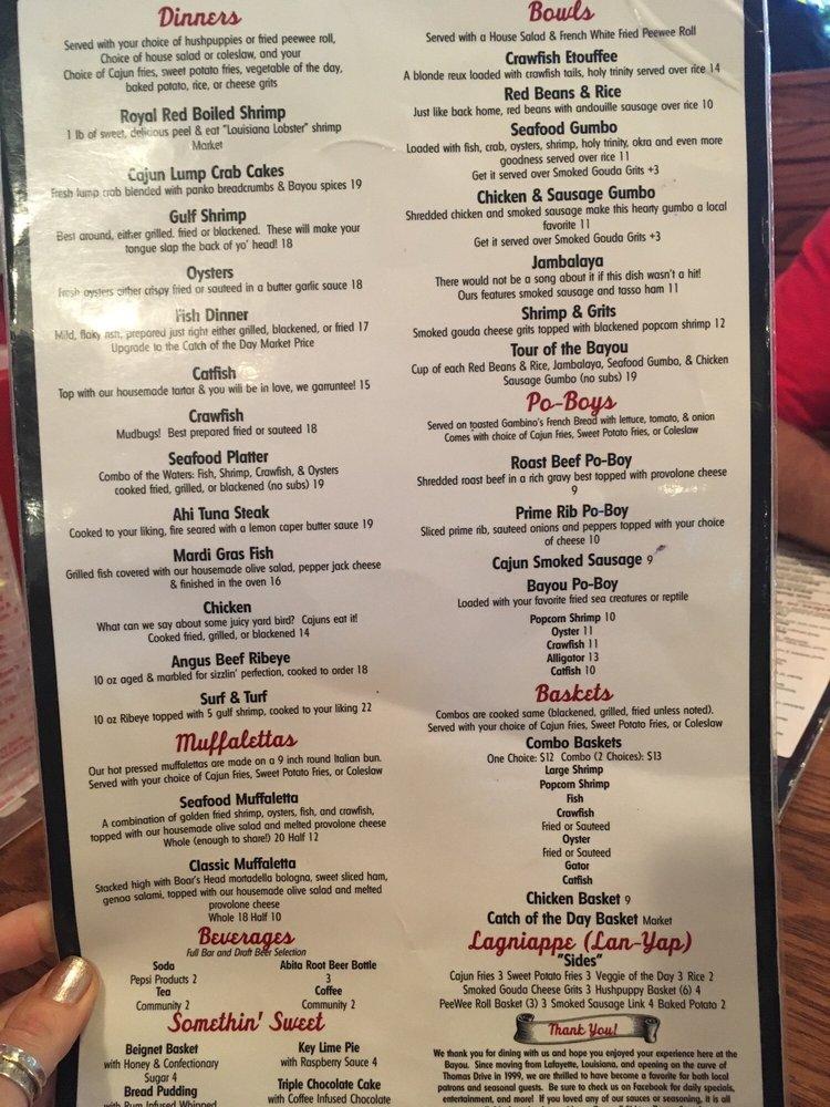 Menu at Bayou on the Beach restaurant, Panama City Beach, Hutchison Blvd