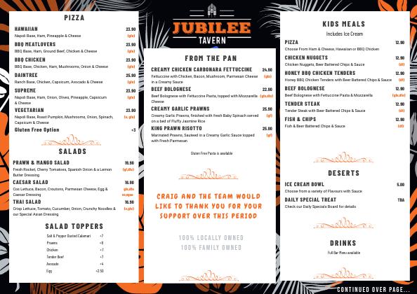 Menu at Jubilee Tavern pub & bar, Jubilee Pocket