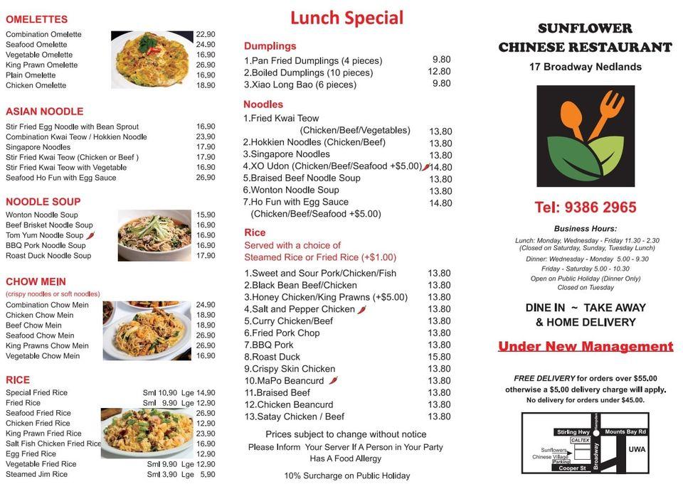 Menu at Sunflower Chinese Restaurant, Nedlands