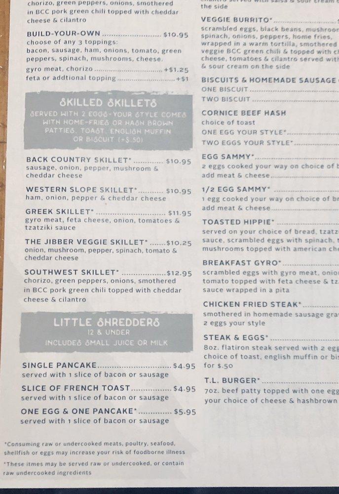 Menu at Back Country Cafe, Gunnison