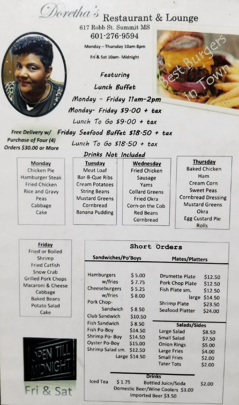 Menu at Doretha's Restaurant and Lounge, Summit