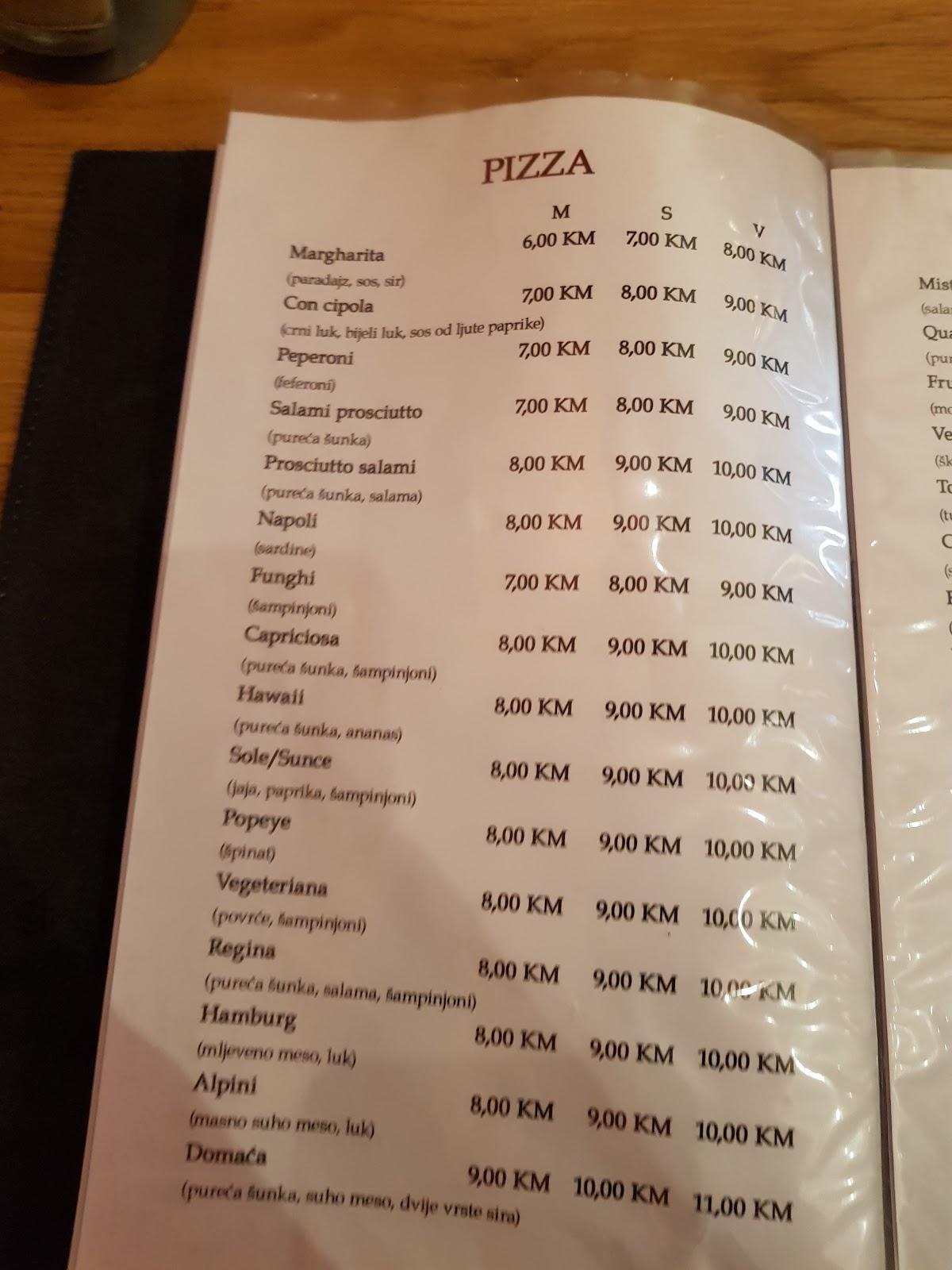 Menu at Piccolo Mondo restaurant, Sarajevo, Kotromanića 5