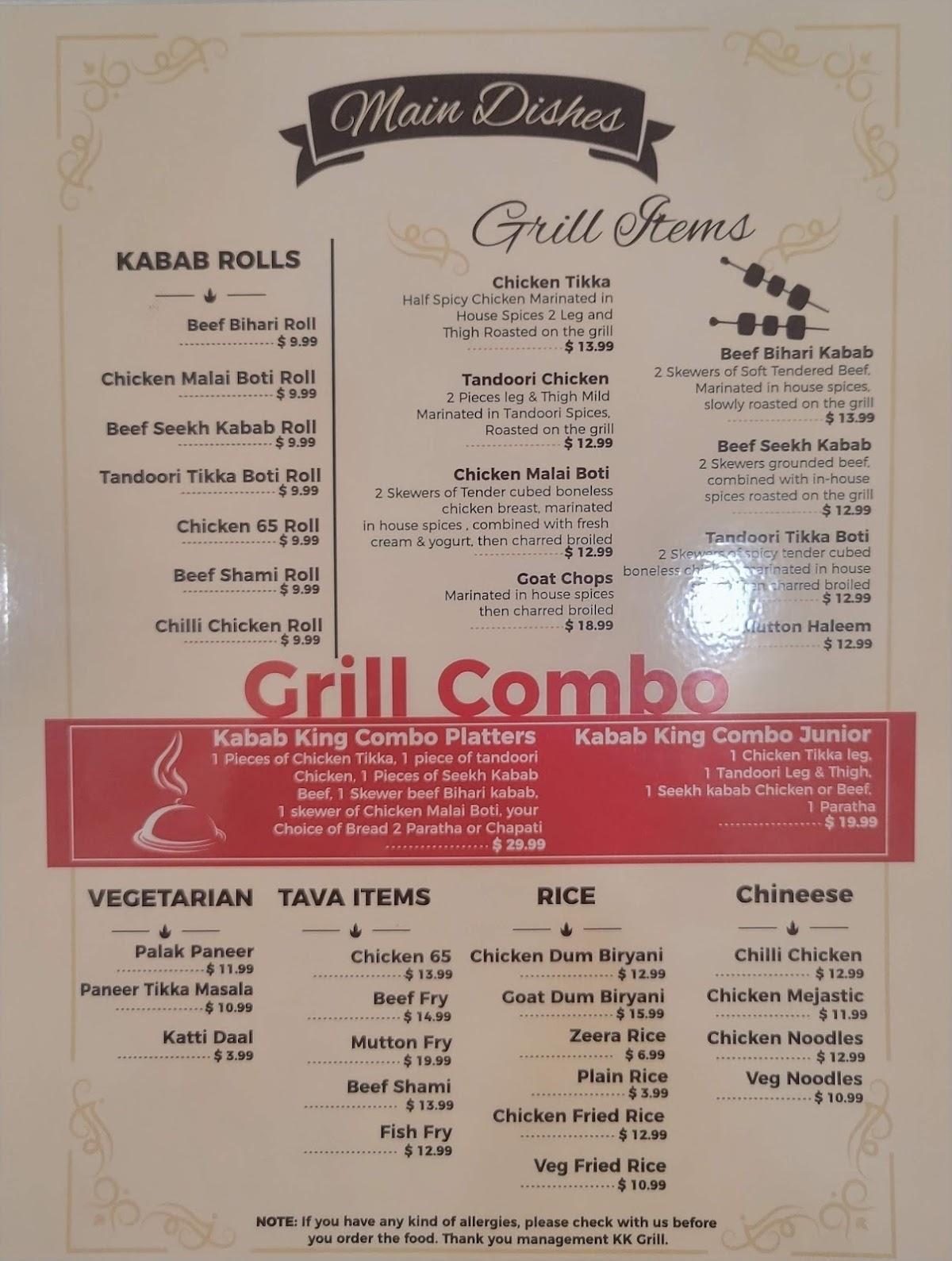 Menu at Kabab King Grill Devon Fine Dinning restaurant, Chicago