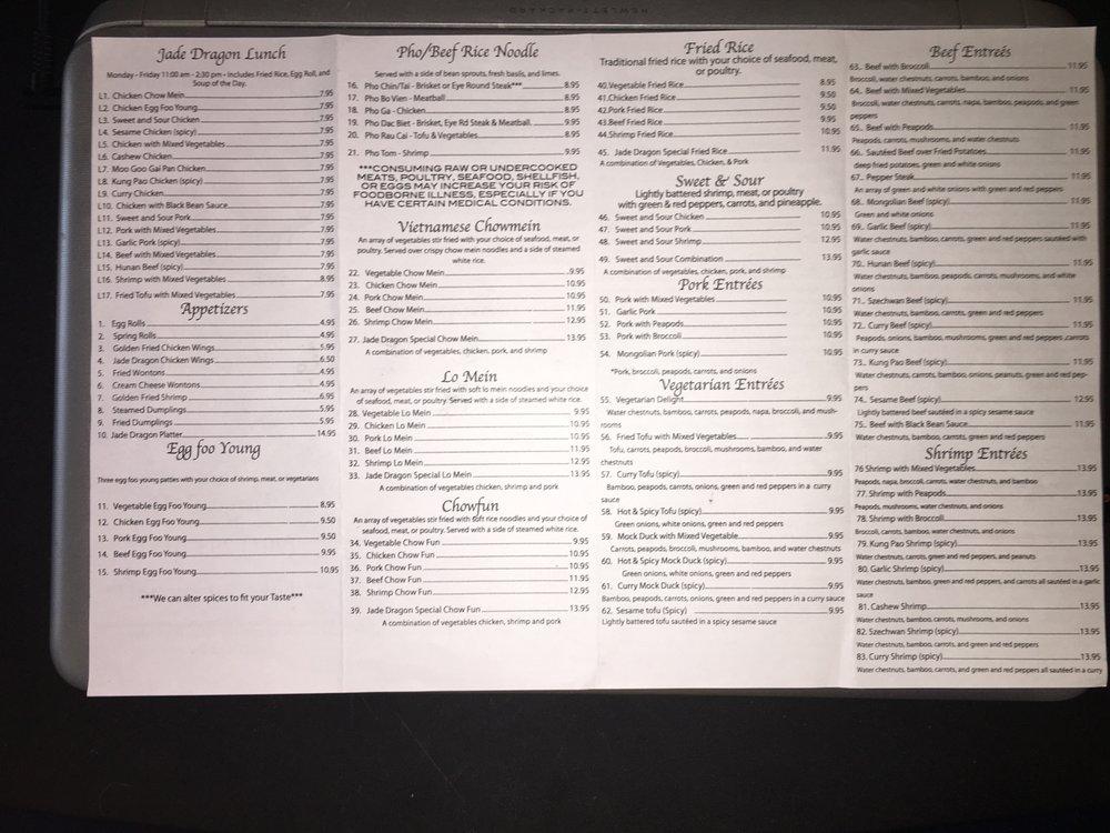 Carta del restaurante Jade Dragon, Fargo