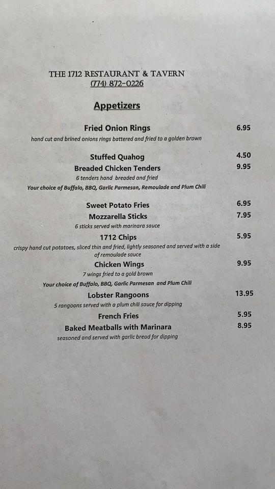 Menu at 1712 Restaurant & Tavern, Dighton