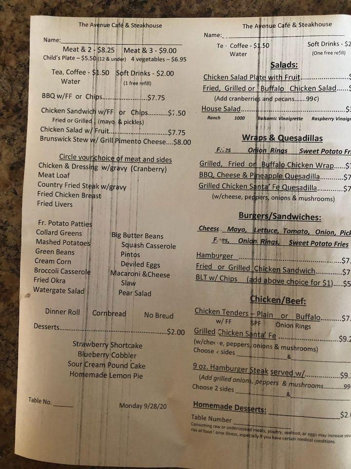 Menu at The Avenue Home Cooking Café steakhouse, Cedartown