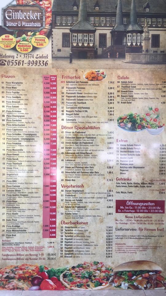 Меню Einbecker Döner und Pizzahaus, Айнбек