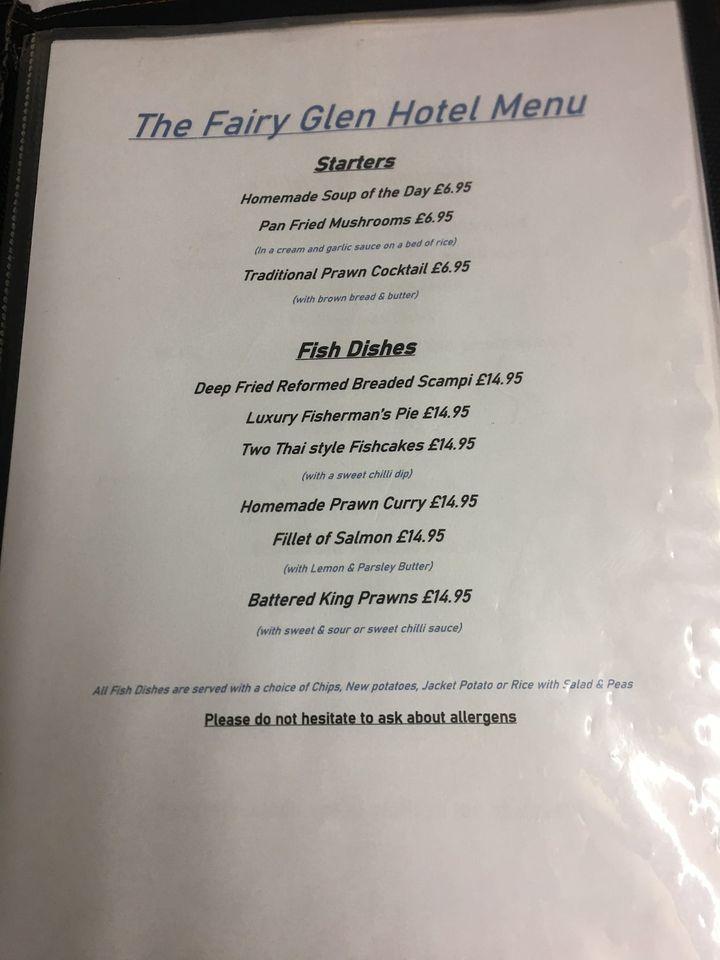 Menu at Fairy Glen Hotel pub & bar, Dwygyfylchi, Conwy Old Road