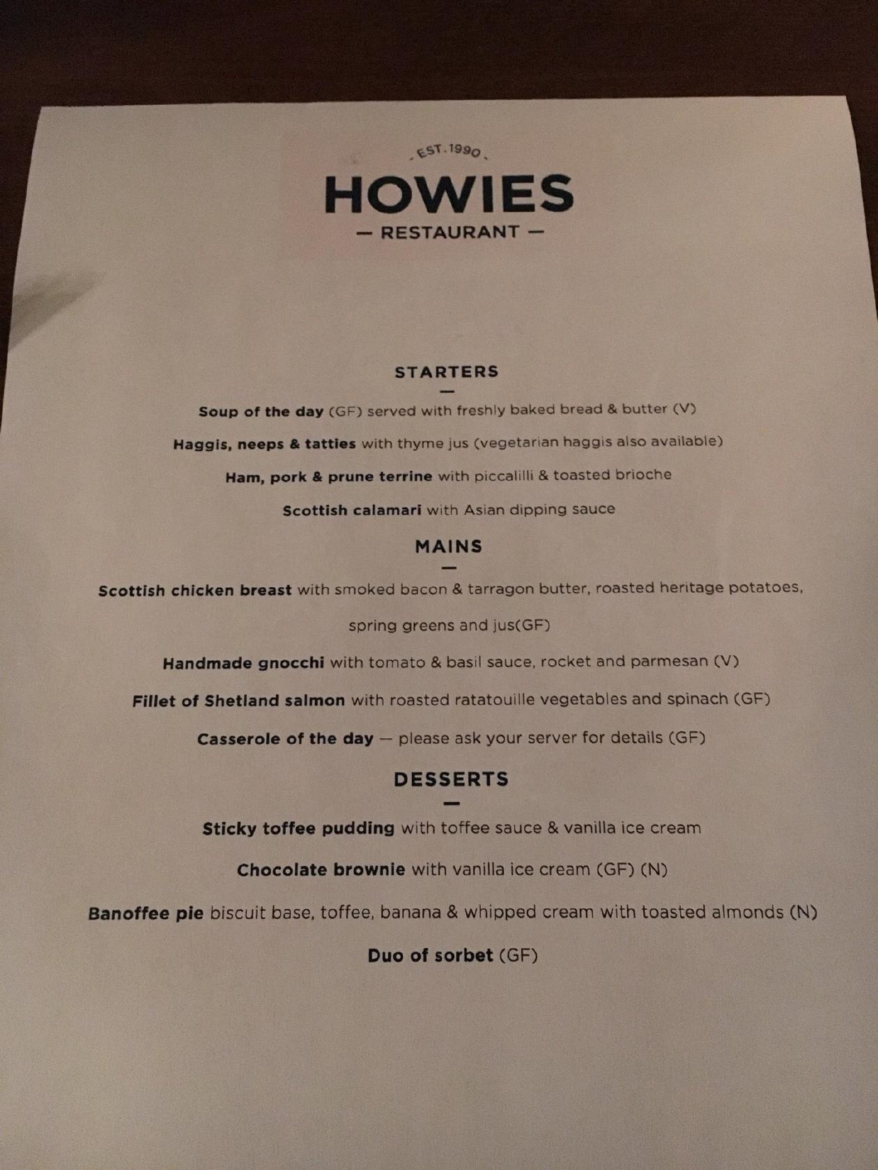 Menu at Howies Restaurant Waterloo Place, Edinburgh, Waterloo Place