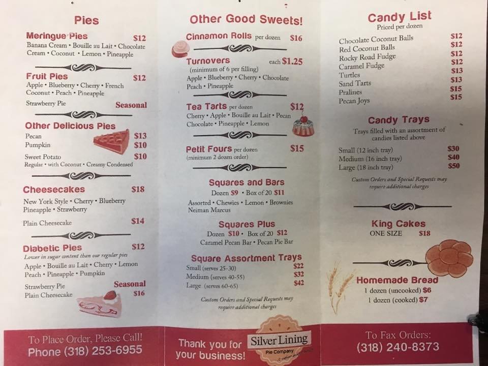 Menu at Silver Lining Pie Co, Marksville