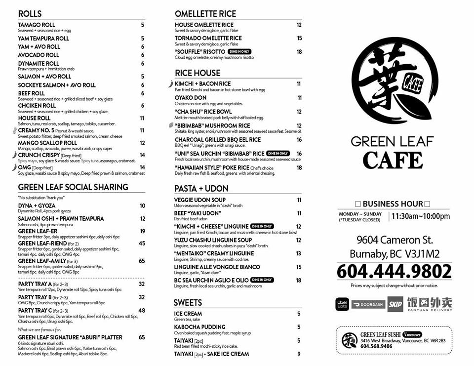 Menu at Green Leaf Café, Burnaby