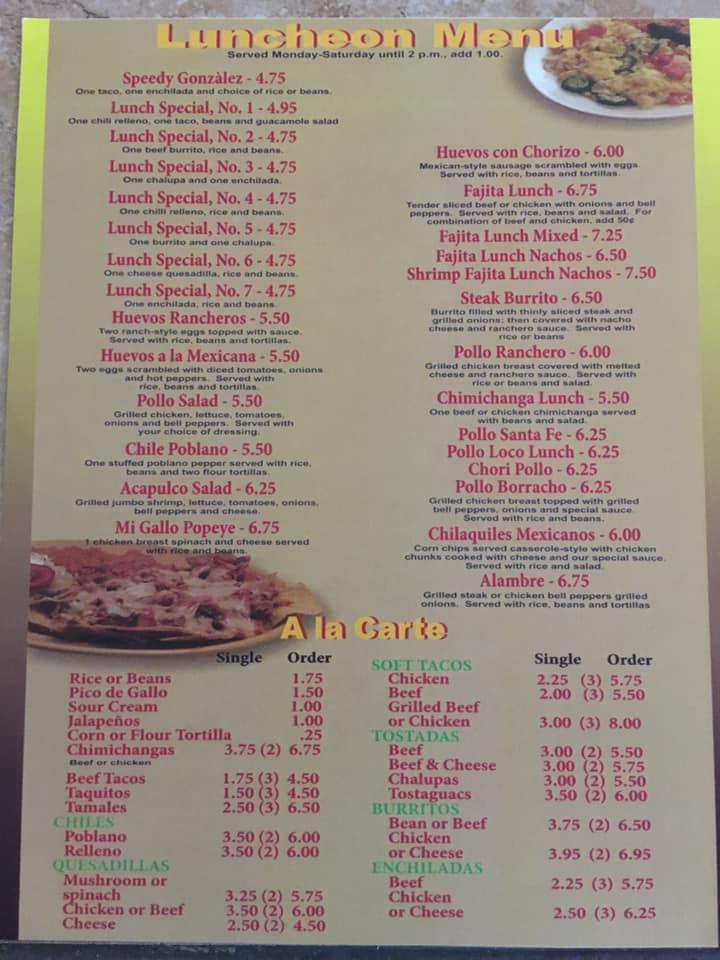 Menu at Mi Gallo Giro Mexican Restaurant, Fairmont