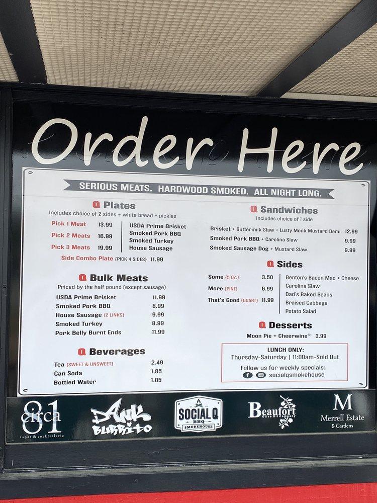 Menu at Social Q Smokehouse BBQ, Morehead City